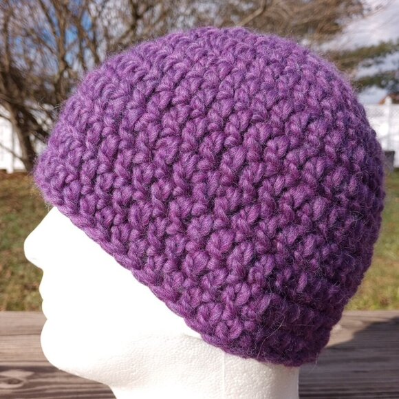 Womens Beanie Cloche Handmade Purple Crochet Hat Gray Brown Flower Pure New Wool - Picture 2 of 11